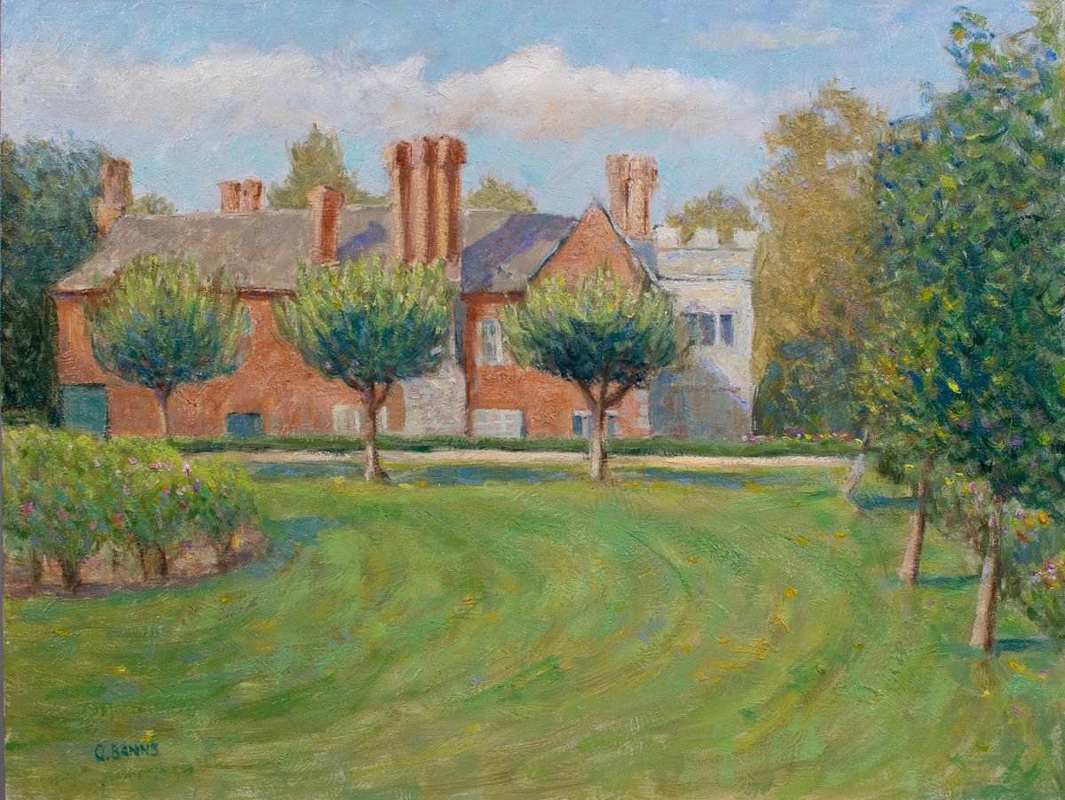 Old English manor house with moat Baddesley Clinton impressionist painting by Gav Banns