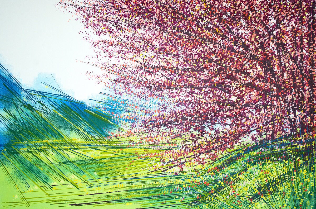 Impressionistic Landscape Acrylic Painting By Marc Todd, 30 X 20", Hillside Spring Blossom, Original Artwork