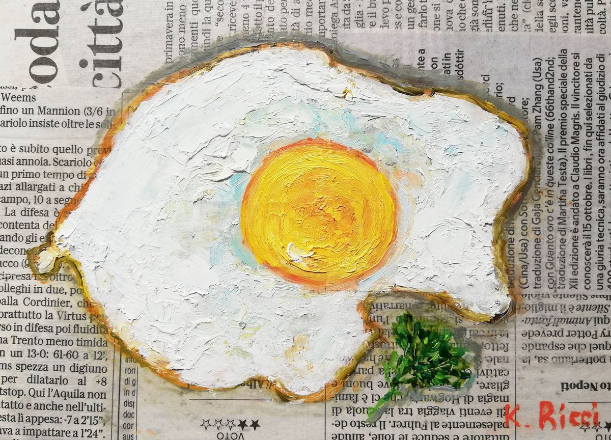 Egg on Newspaper Original Painting Food Art 7 by 5 (18x13 cm) by Katia Ricci