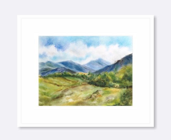 Mountain landscape. Summer landscape scenery. Watercolor landscape