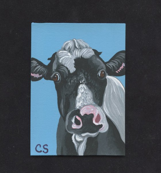 ACEO ATC Original Painting Black White  Cow Farm Animal Art-Carla Smale