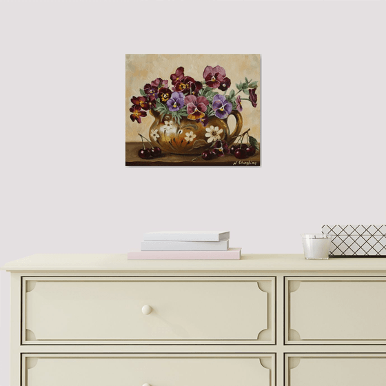 Pansies in Rustic Jug with Cherries