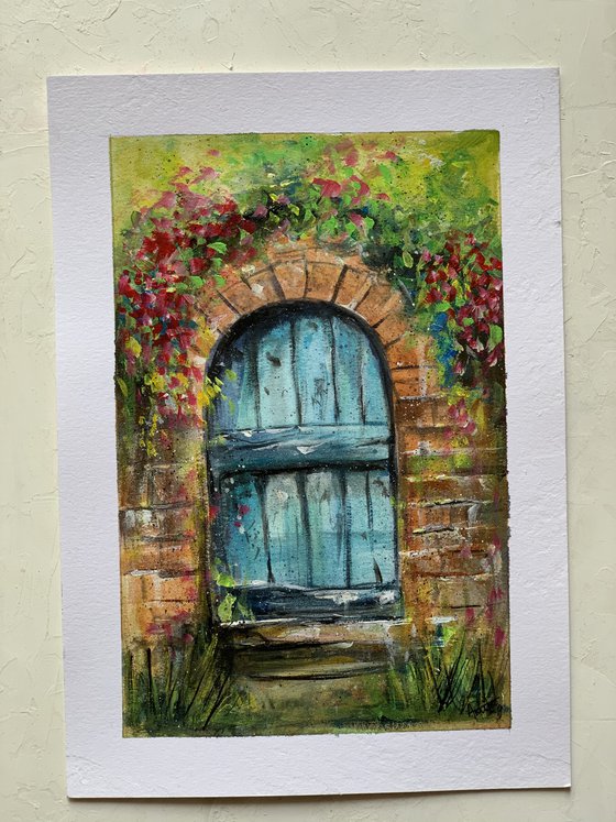 Old teal door ! A4 size Painting on paper