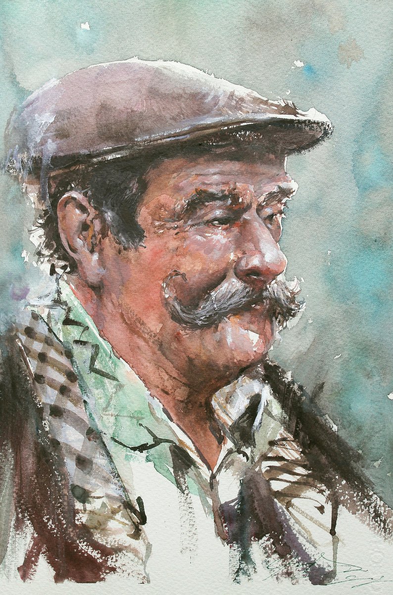 Impressionistic Portrait Watercolour By Maximo Damico, 10 X 14", Turkish Portrait, Original Artwork