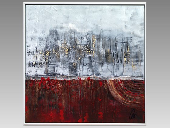 Gold on Red  - abstract acrylic painting, canvas wall art, red grey, framed modern art