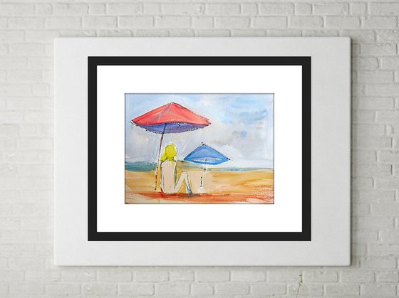 NUDE BLONDE GIRL BEACH. Original Female Figurative Watercolour Painting.