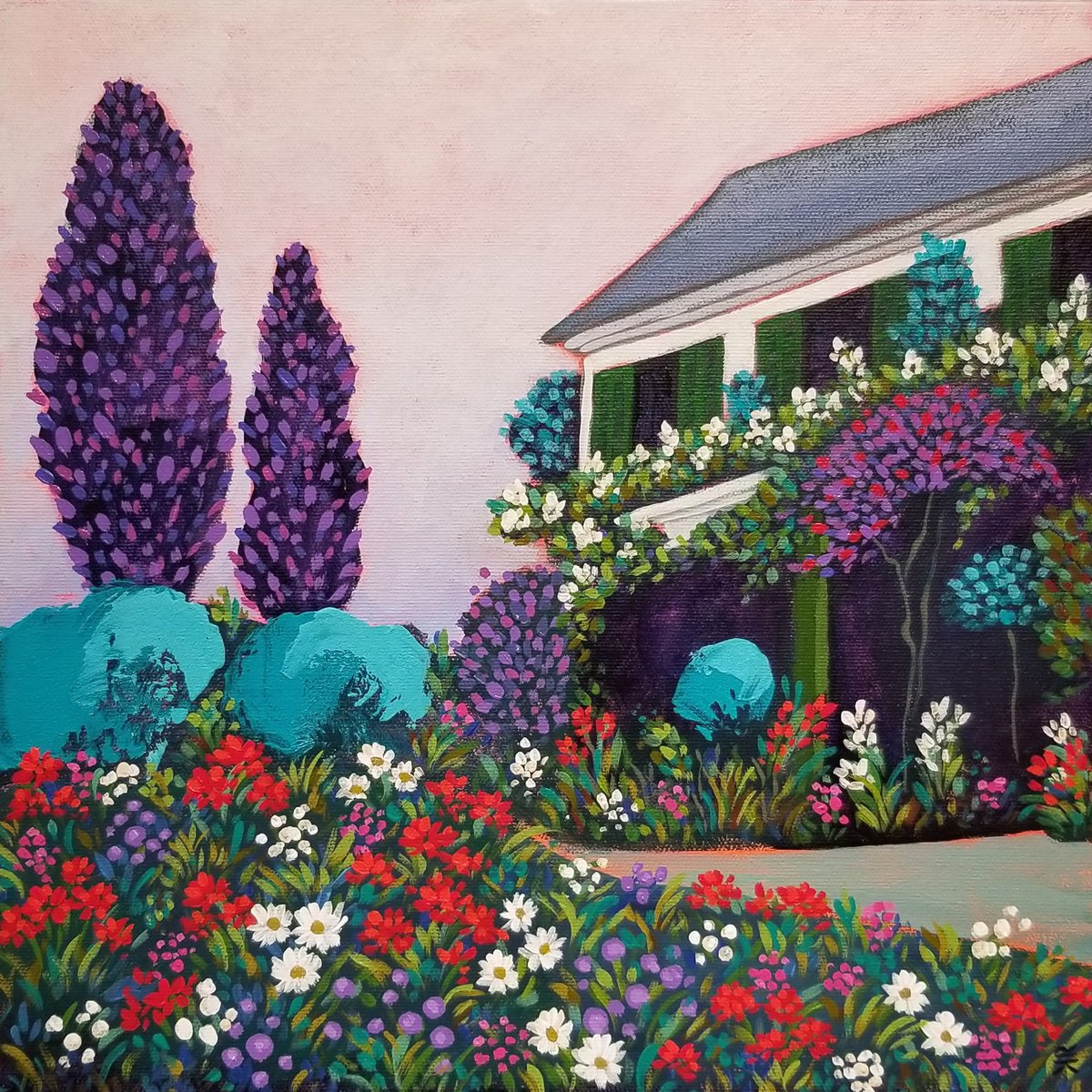 Impressionistic Landscape Acrylic Painting By Karen Rieger, 12 X 12", Still Garden At Dawn, Original Artwork