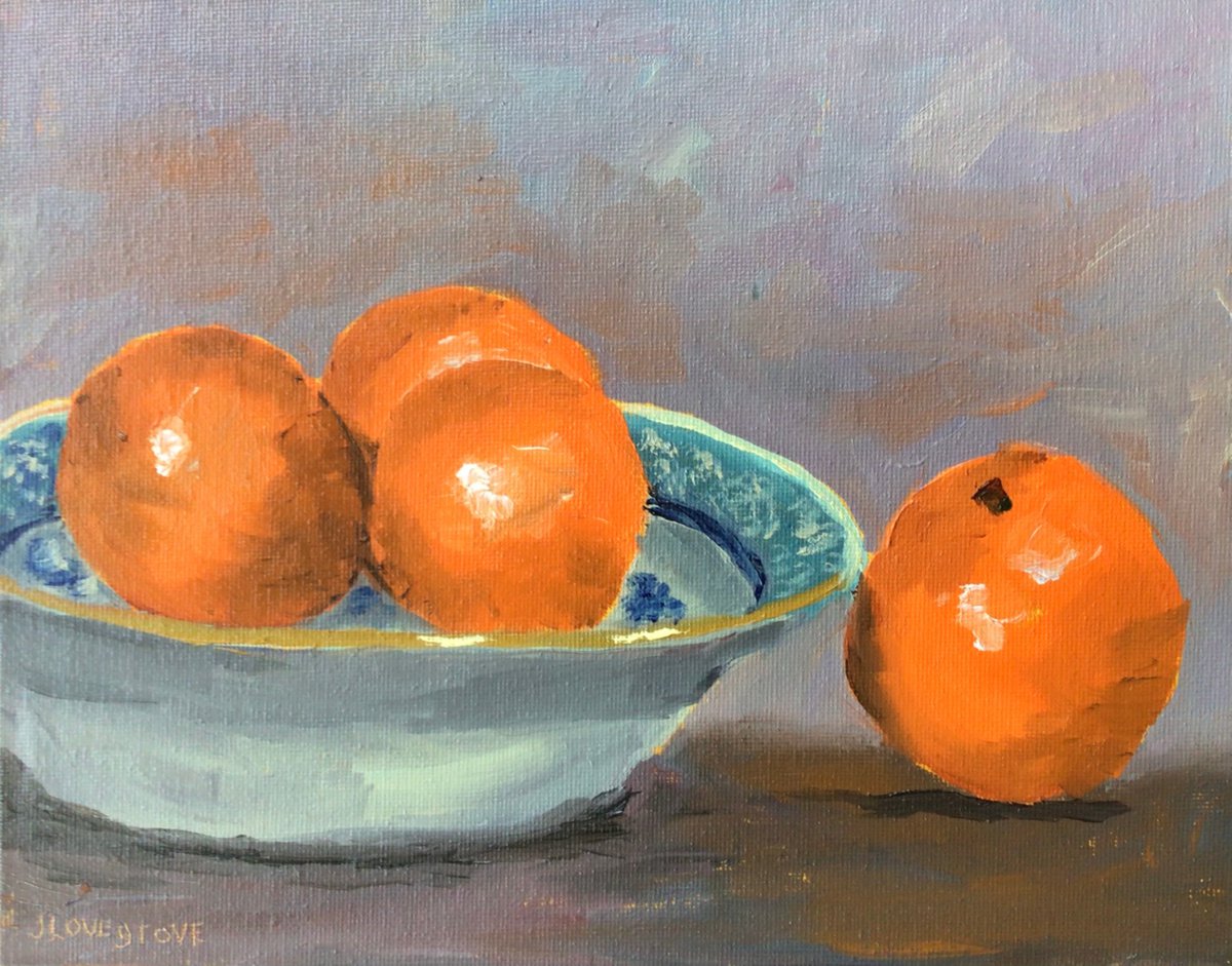 Oranges in a blue bowl. An original still life painting by Julian Lovegrove Art