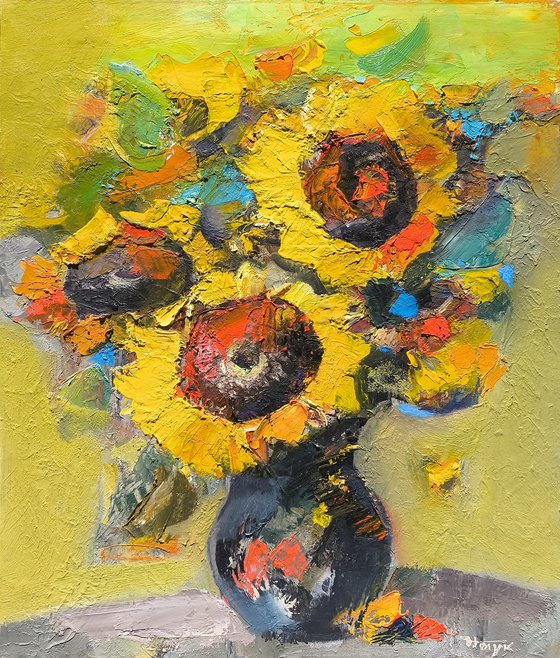 Sunflowers in a Black Vase