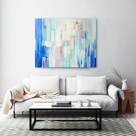 Zeros and ones (large contemporary abstract in blue and greys)