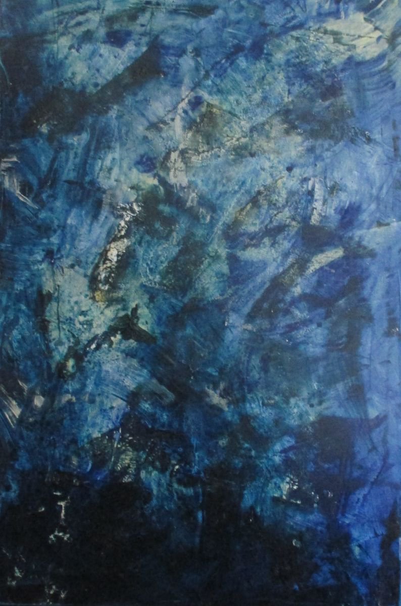 abstract blue Oilpainting Collage on canvas 31,5 x 47,2 inch by Sonja Zeltner-Muller