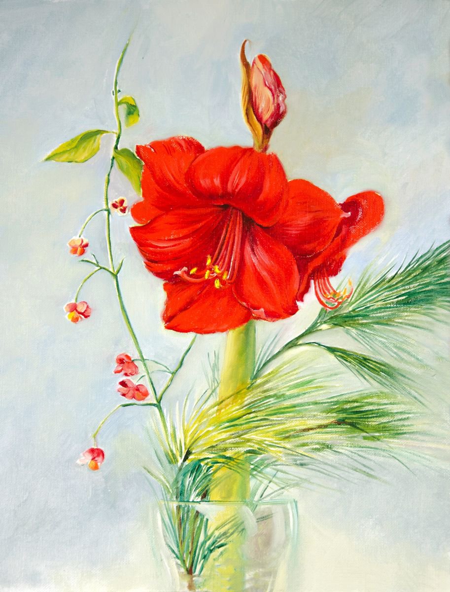 Impressionistic Botanical Oil Painting By Daria Galinski, 12 X 16, Red Amaryllis, Original Artwork
