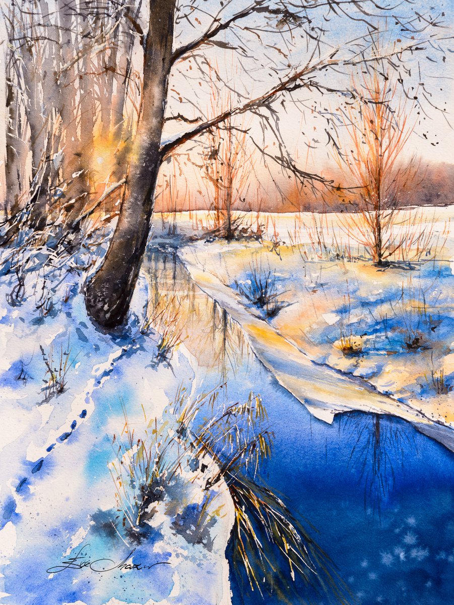 Impressionistic Landscape Watercolour By Eve Mazur, 12 X 16, Brook, Original Artwork