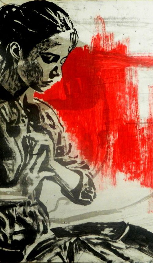 Seated lady in red heart by Valera Hrishanin