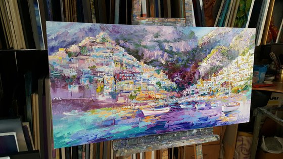 Painting Positano Amalfi Coast, landscape Italy