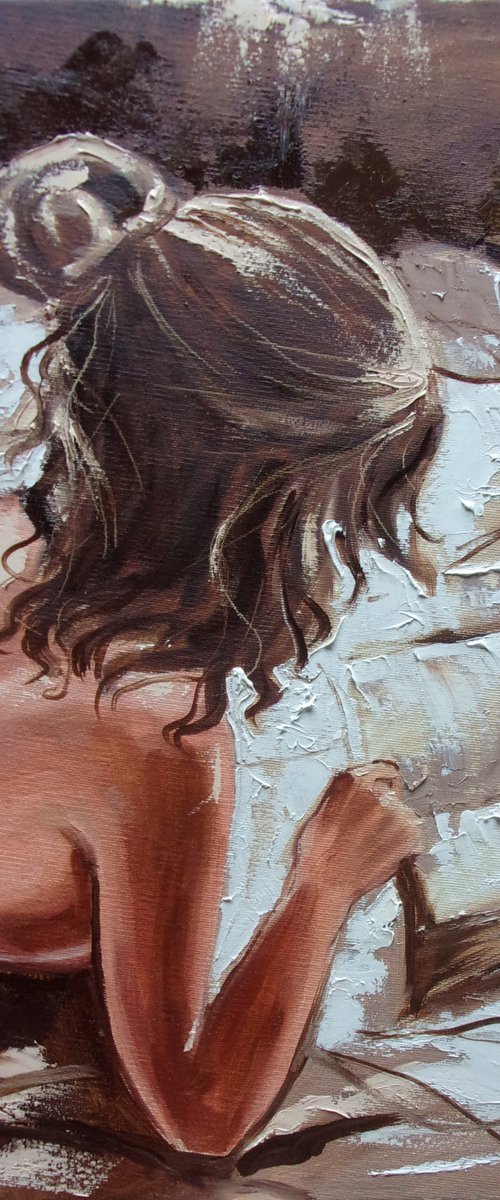 " READING IN BED II ...  " book lover original painting ROOM  palette knife GIFT brown by Monika Luniak