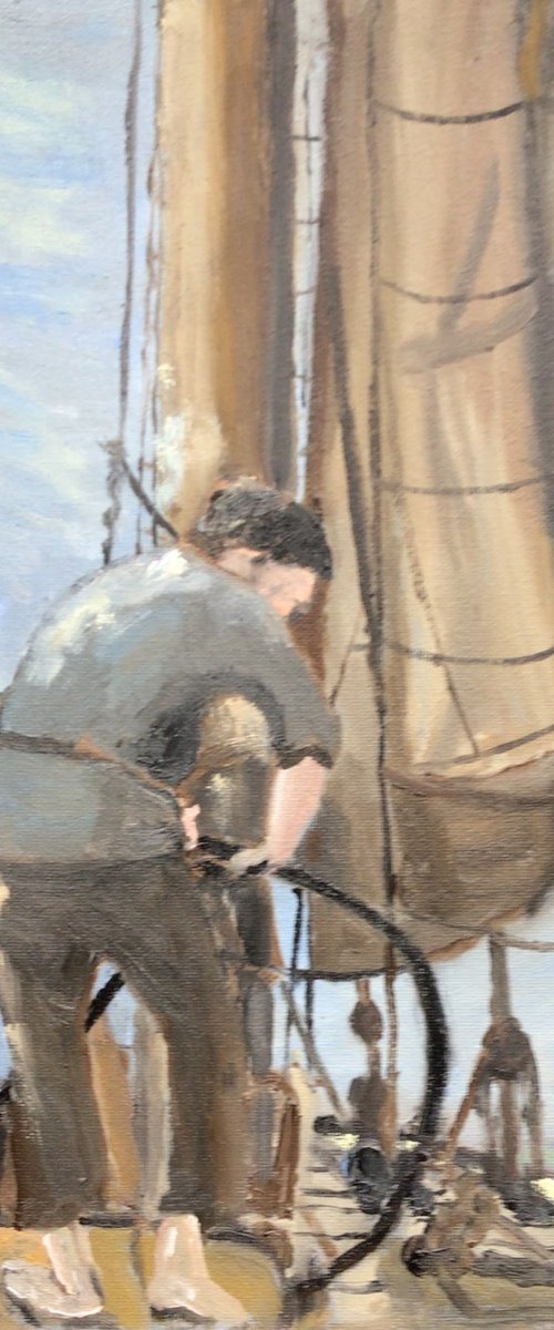 Coiling the rope, an original marine oil painting by Julian Lovegrove Art