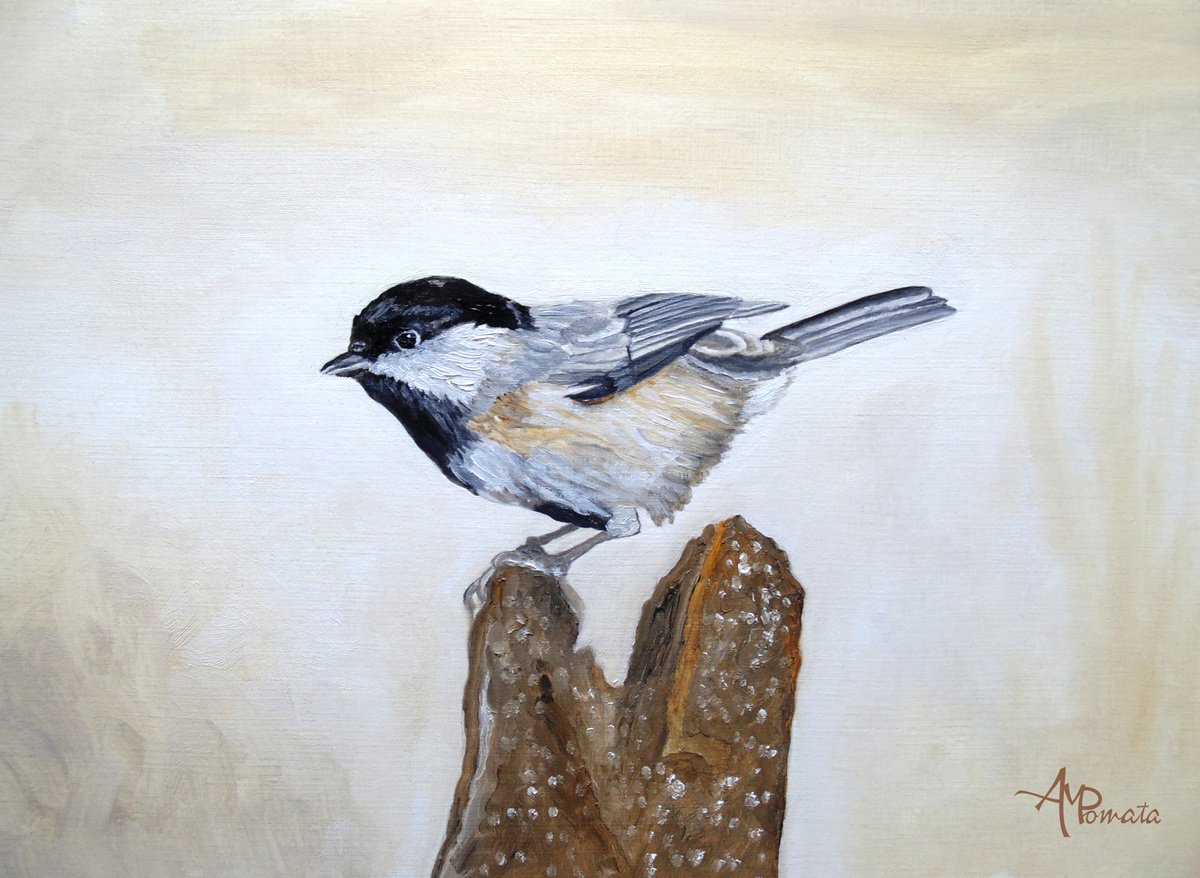 Impressionistic Animal Oil Painting By Angeles M. Pomata, 13 X 10, Pale Gold Chickadee, Original Artwork
