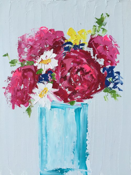 Vase of Fucia Peonies  14"x11" by Emma Bell
