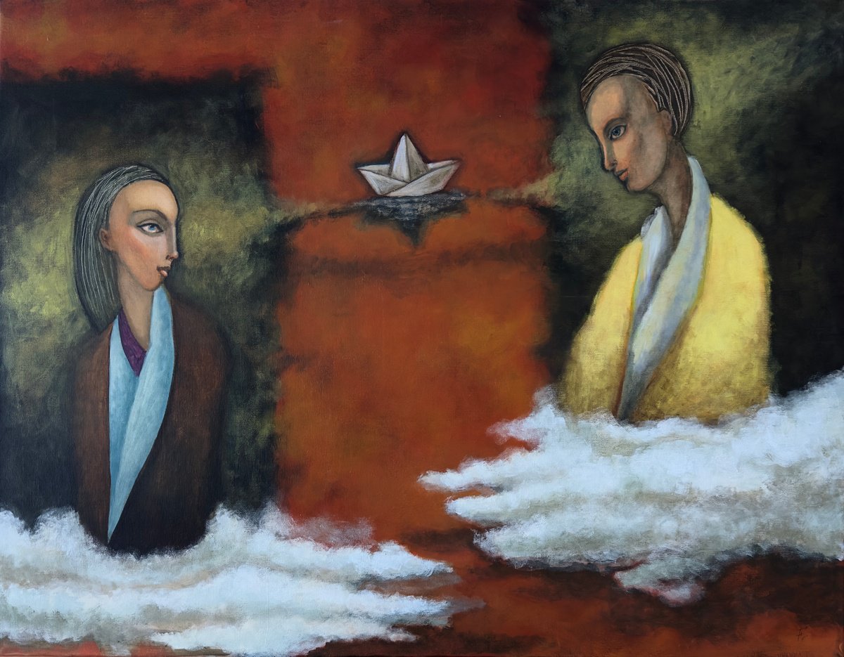 Portrait Acrylic Painting By Nikola Gulev, 35 X 28", "Whispered Destinies", Original Artwork