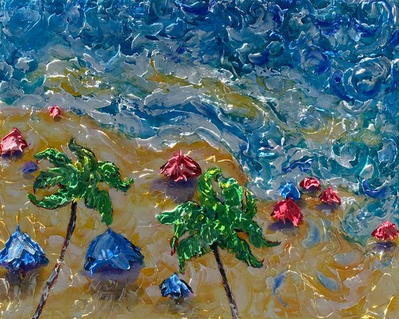 Beach Umbrellas Ocean Shore Aerial View  20" x 16" x 1.5"