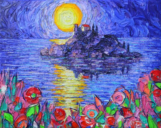 ISOLA BELLA MYSTIC MOONLIGHT Sicily Italy textural impasto palette knife oil painting by Ana Maria Edulescu modern contemporary impressionism art