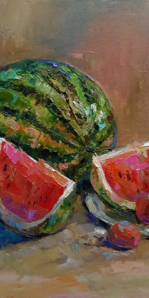 Still life - watermelon  (42x50cm, oil painting, ready to hang) by Kamsar Ohanyan