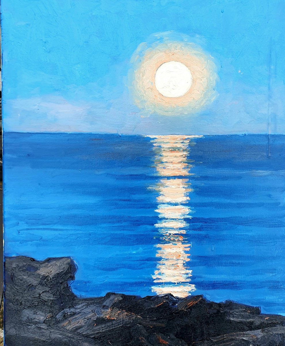 Landscape Oil Painting By Colin Ross Jack, 16 X 20, Full Moon Rising Over The Firth Of Forth I, Original Artwork