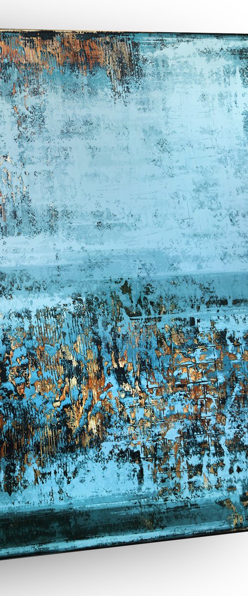 FRIMAIRE - 150 x 120 CM - TEXTURED ACRYLIC PAINTING ON CANVAS * BLUE * GOLD by Inez Froehlich