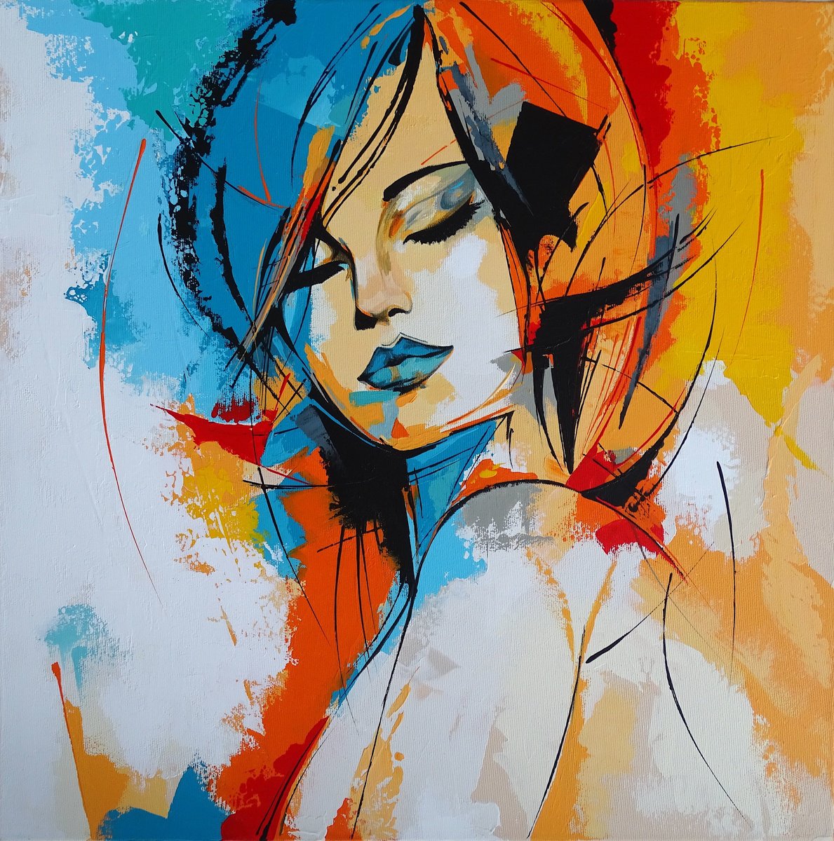 Abstract Portrait Acrylic Painting By Livien Rozen, 20 X 20", "Tranquility", Original Artwork
