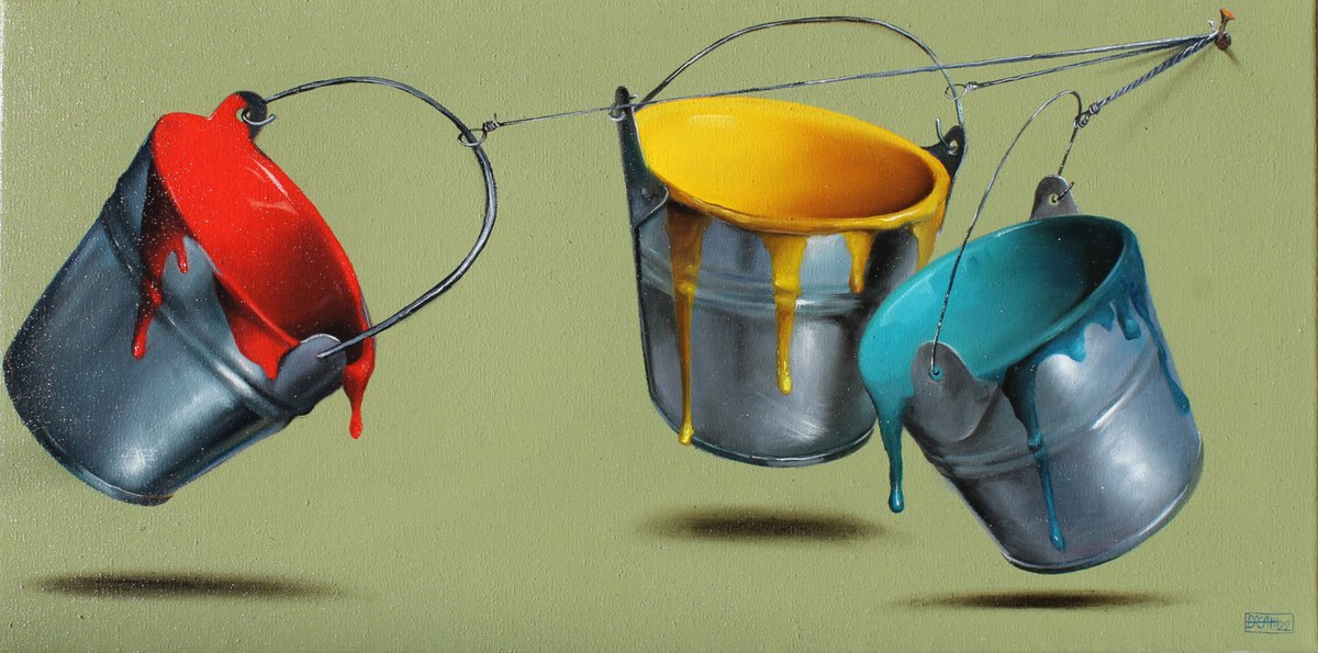 Still Life Oil Painting By Nicoletta Bagatti, 24 X 12", Primari - Sospesi N° 3, Original Artwork