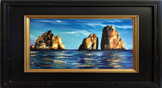 FARAGLIONI ROCKS ON THE HORIZON, Rocky Italian Seascape, Original Textured Impressionist Painting of the Isle of Capri