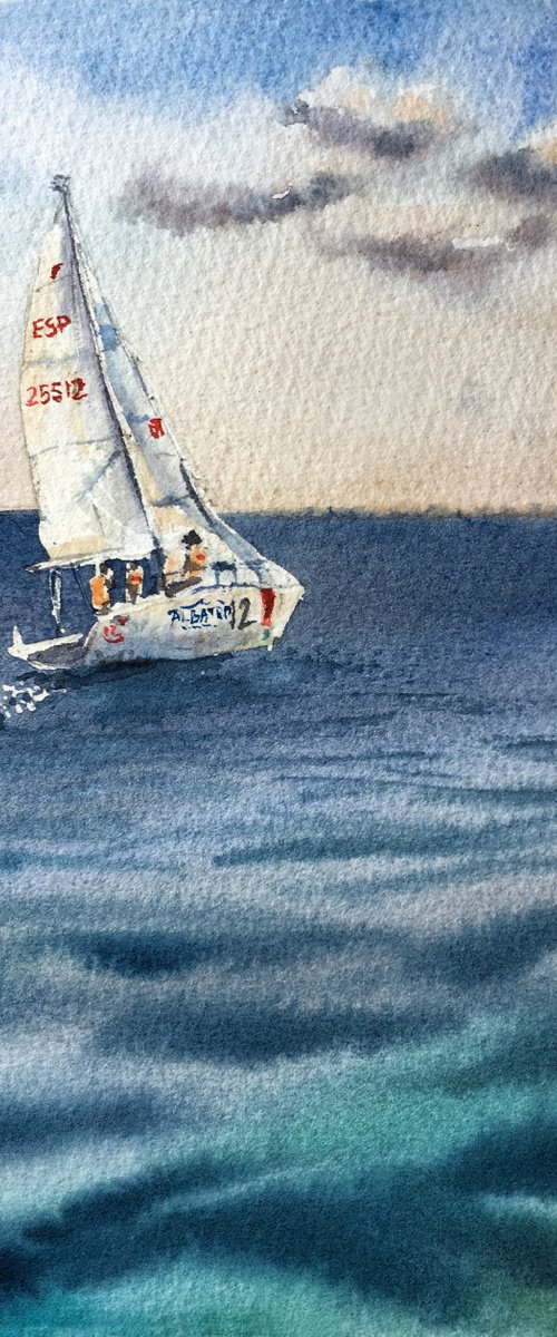 Among the waves - original watercolor seascape yachting - gift for him - gift for her by Delnara El