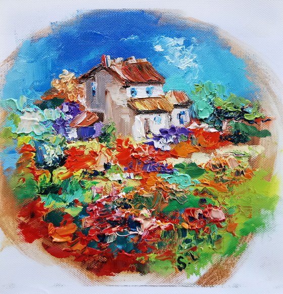 Blooming house village in switzerland miniature on canvas