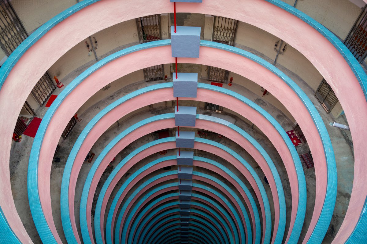 Geometric Cityscapes Photograph By Serge Horta, 59 X 39", Pink And Blue Spiral, Original Artwork