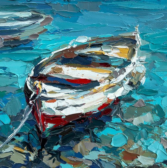 "Boat by the Shore" seascape painting