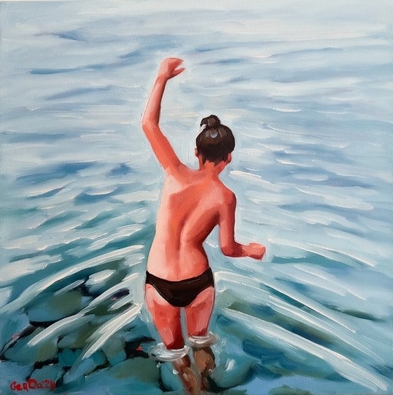Swimming - Swimmer Woman in Ocean Painting