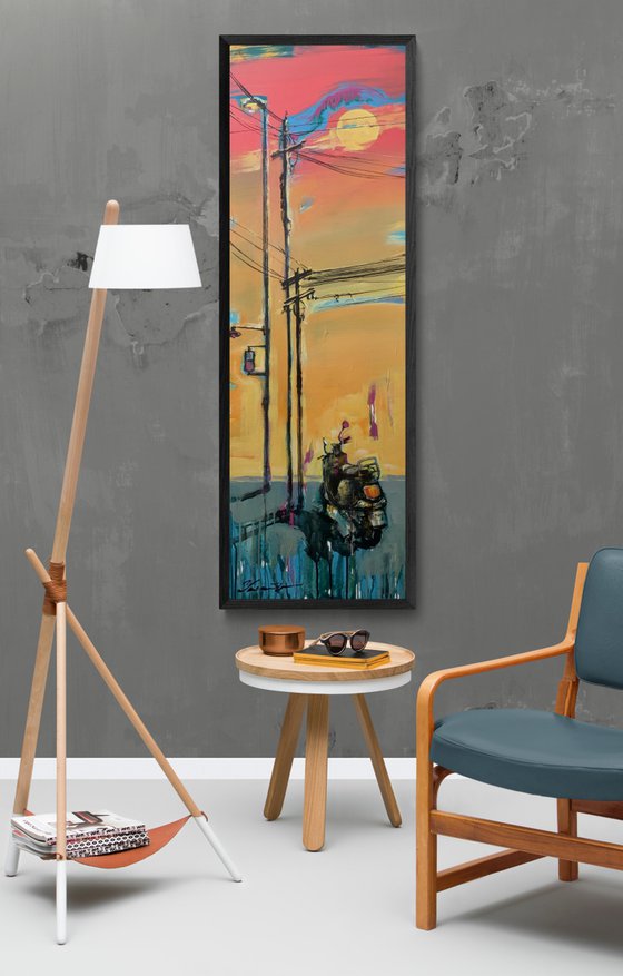 Bright vertical painting - "Sunset in city" - Sunrise - Pop Art - Moped - Expressionism
