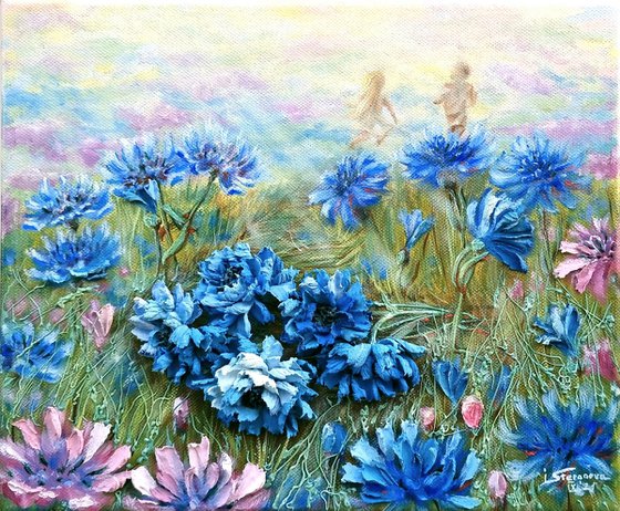 Blue cornflowers on a summer meadow - Plucked flowers - Interrupted dance. 30x25x4cm.