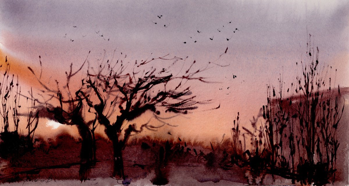 Photorealistic Landscape Watercolour By Bogdan Shiptenko, 20 X 16, Evening Landscape, Original Artwork