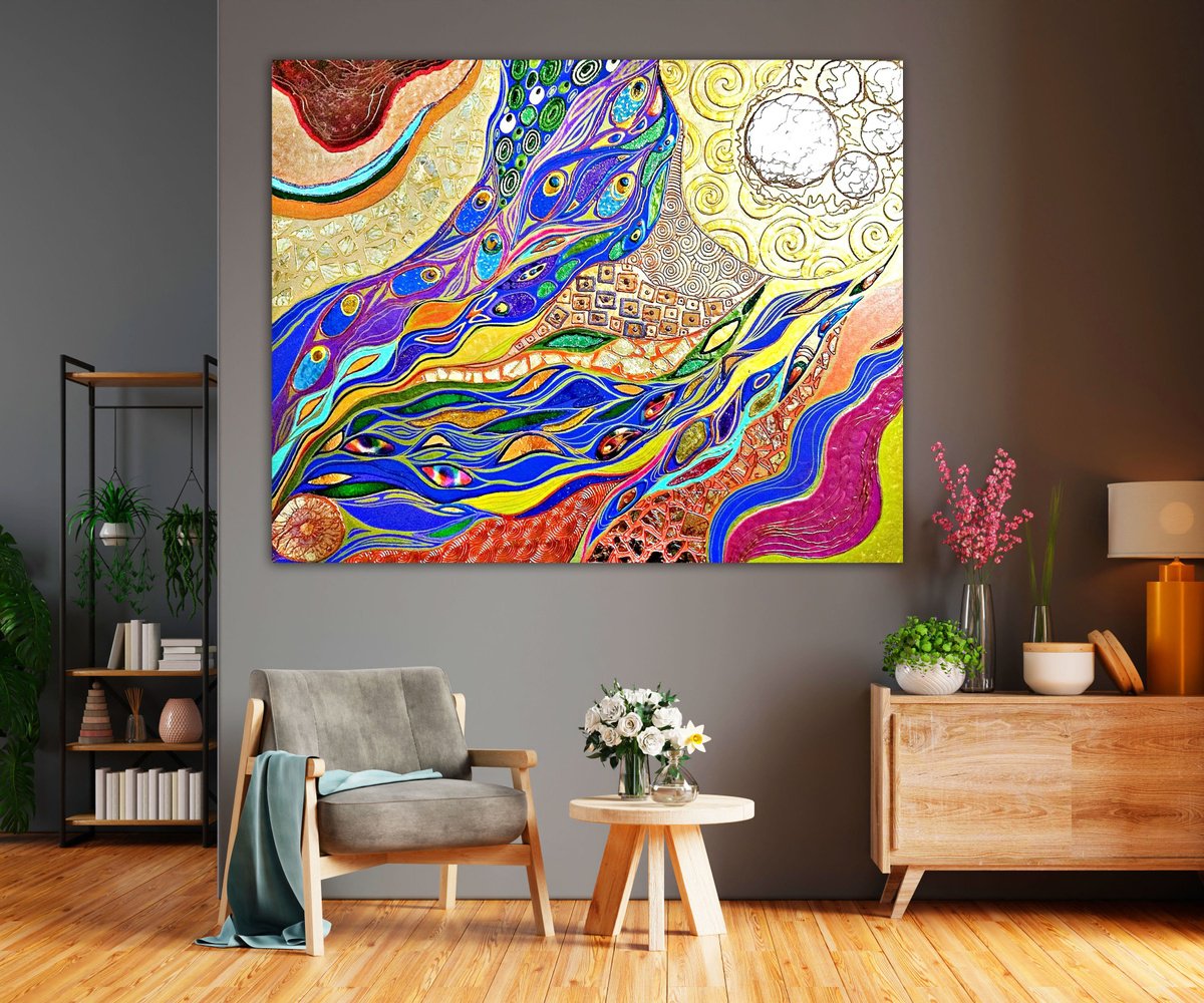 Large abstract painting - Green blue golden orange art by BAST