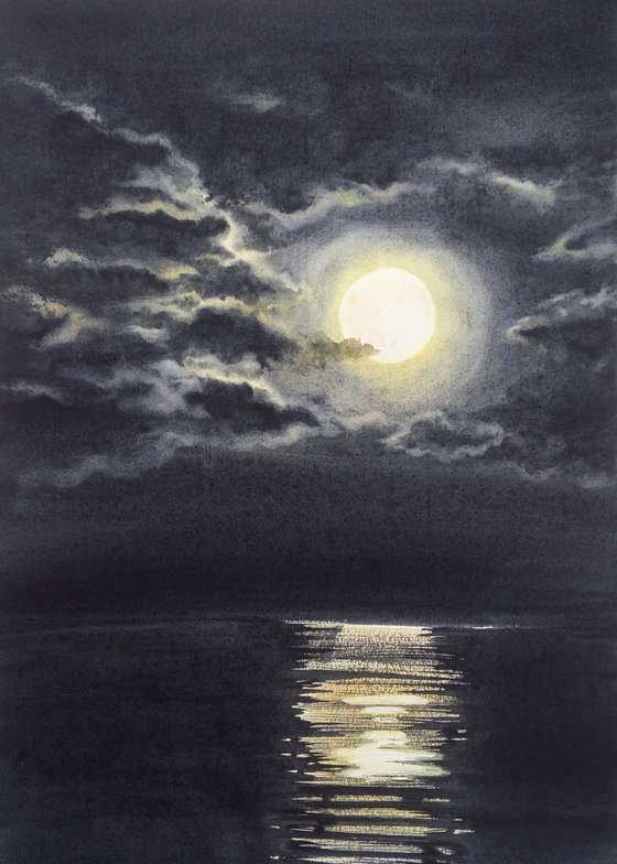 Super Moon in Clouds over Water - Full moon light reflect in sea water