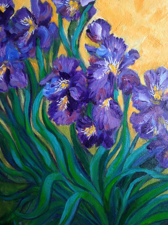 Purple Irises Expressionist acrylic painting on canvas 12"x 16"