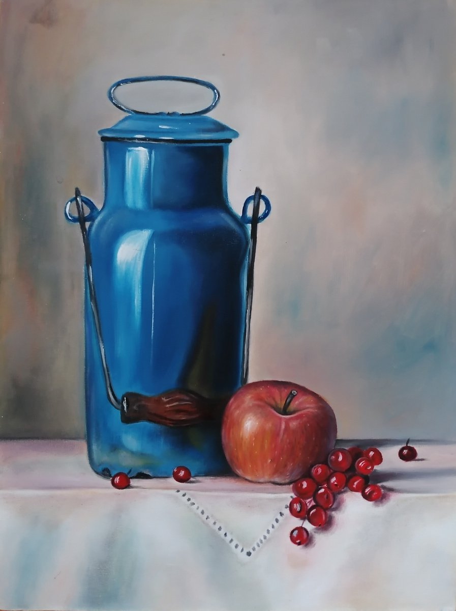Photorealistic Still Life Oil Painting By Nelaart, 12 X 16", The Dish For Milk With Some Fruit, Original Artwork