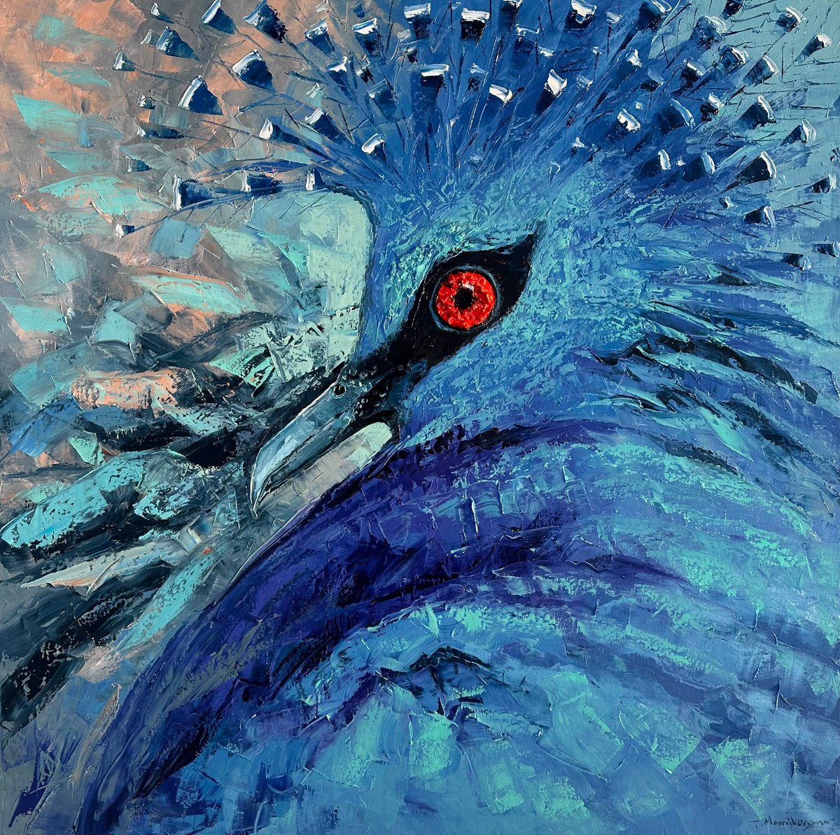 Impressionistic Animal Oil Painting By Tigran Mamikonyan, 31 X 31", Blue Bird 80X80Cm, Original Artwork
