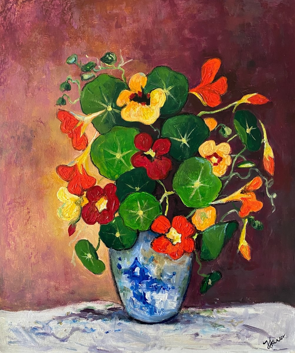 Expressive Botanical Oil Painting By Teresa Tanner, 20 X 25", Nasturtiums Blue & White Vase, Original Artwork