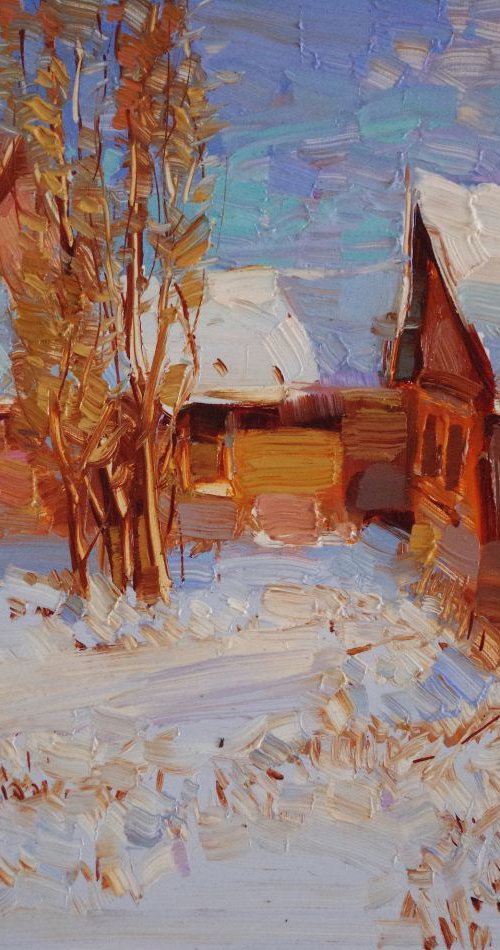 Landscape Oil painting, Village, Winter,  One of a kind, Signed with Certificate of Authenticity by Vahe Yeremyan