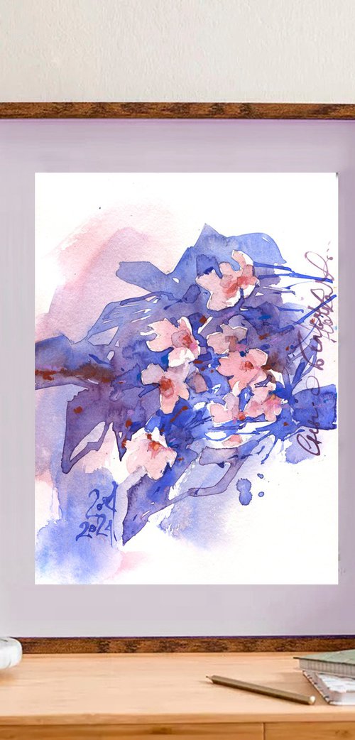 "Dreams of White Nights" original watercolor in blue and orange tones blooming branches by Ksenia Selianko