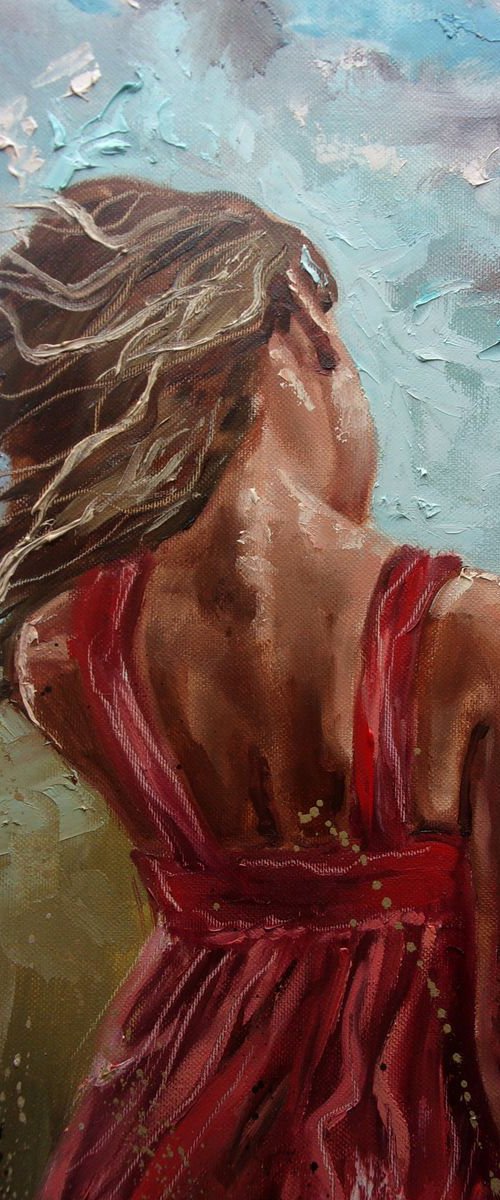 " IN RED ... " - 50x70cm original oil painting on canvas, gift, palette kniffe by Monika Luniak