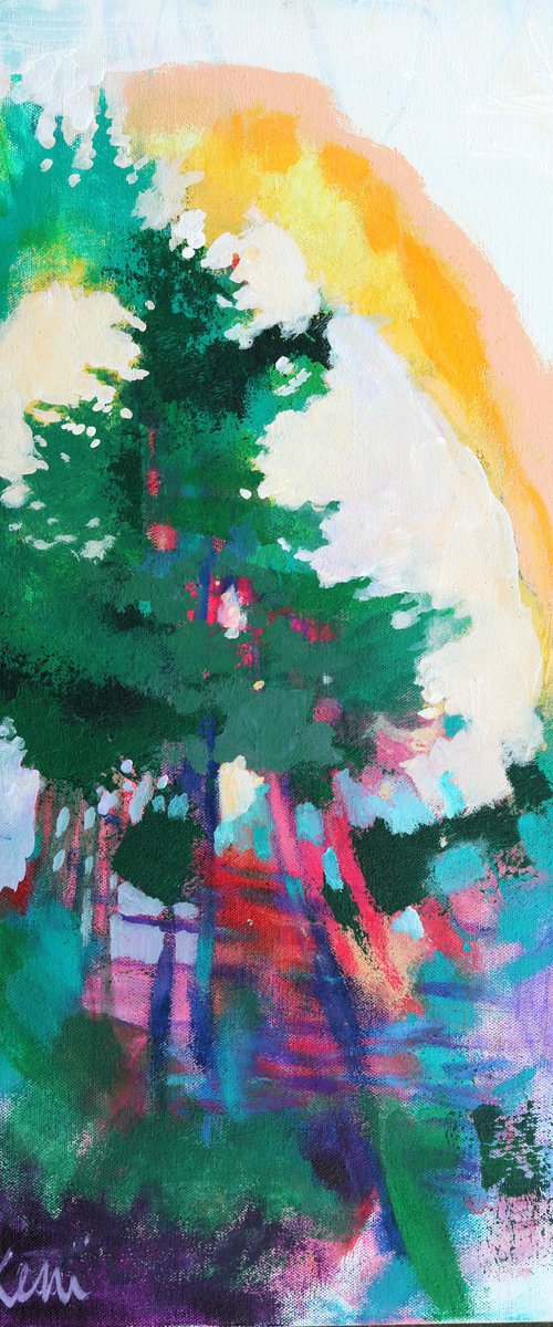 Sunbeam Bridge 12x24" Colorful Abstract Forest Scene on Canvas by Kerri McCabe